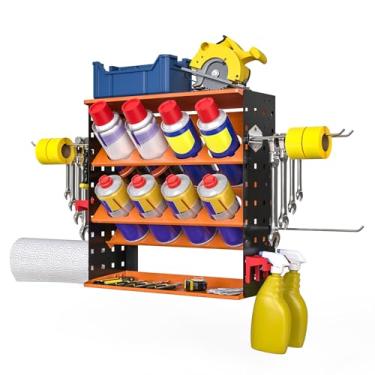 Imagem de Suporte de lata de spray de parede, suporte de garrafa de spray de aerossol, organizador de garrafas de tinta resistente com 8 furos para latas e 4 ganchos de aço, 4 ganchos de plástico para garagem