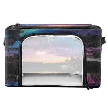 Imagem de xigua Caixotes de armazenamento de roupas Sky with Moon com moldura de metal, 2 formas de abertura, caixa organizadora de roupas dobrável com janela transparente e alças para roupas sazonais