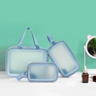 Imagem de Necessaire Transparente de Viagem Kit 3 Peças – Bolsa Portátil para Cosméticos, Maquiagem e Higiene Pessoal(Azul)