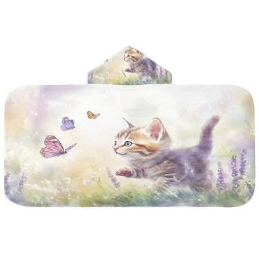 Imagem de Burbuja Toalha de banho com capuz gatinho perseguindo borboletas em lavanda para crianças, toalha de praia de pelúcia macia absorvente para chá de meninas e meninos 3-10 anos, 61 x 127 cm