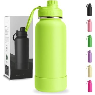 Imagem de Garrafa Térmica 1000ML - Duplamente Isolada, Aço Inox 304, Base Emborrachada Anti Derrapante, Mantém Bebidas Quentes por 12 Horas e Geladas por 24 Horas (Verde Limão Wide)