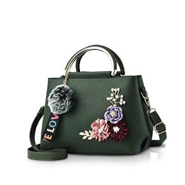 Imagem de NICOLE & DORIS Mulher couro mala de ombro com flor vintage mala de alça designer totalizador bolsa com pompom, Verde escuro, L