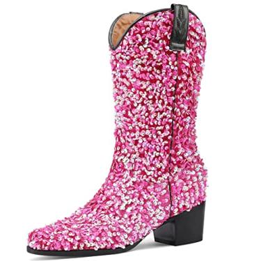 Imagem de KISSASA Botas de caubói brilhantes de lantejoulas até o meio da panturrilha com glitter para casamento e salto grosso, Rosa choque, 36