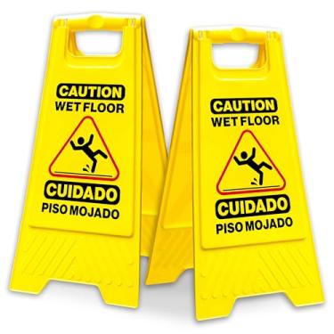 Imagem de Pacote com 2 placas de cuidado para piso molhado, 44,5 cm de altura, amarelo brilhante, moldura em A dobrável dupla face, aviso inglês e espanhol