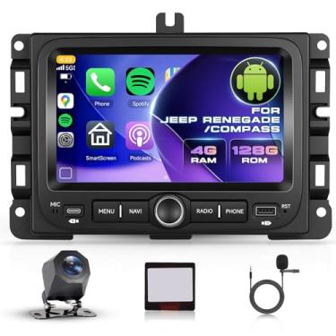 Imagem de Rádio 4G + 128G para Jeep Renegade 2016-2021 para Jeep Compass 2017-2020, som automotivo duplo de 7 polegadas com carplay sem fio e link de espelho automotivo Android, Bluetooth, WiFi, GPS, SWC EQ FM