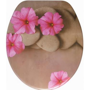 Imagem de Assento Sanitário Oval Almofadado Universal com Estampas - Tampa de Vaso Higiênico Ajustável para Banheiro Resistente e Confortável (Flor Rosa)