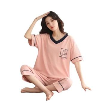 Imagem de Pijamas De Verão Em Algodão Para Mulheres Em Tamanho Grande, Manga Cur