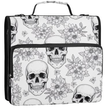 Imagem de Pasta organizadora de fichário floral com zíper com 3 anéis de 3,5 cm D crânios, flores, preto e branco, pasta de armazenamento com alça de ombro para escola, 34,5 x 31,5 x 9 cm