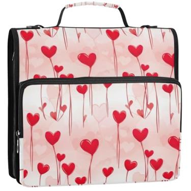 Imagem de Pasta organizadora com 3 anéis de 3 anéis, coração vermelho, flores, fichário, zíper com alça de ombro para escola, estojo de armazenamento divertido com alça, 34,5 x 31,5 x 9 cm