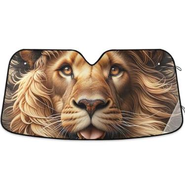 Imagem de Toldo de sol bonito com estampa de leão para para-brisa de carro, bonito, personalizado, retrátil para janelas dianteiras automotivas L, 144,8 cm x 80 cm