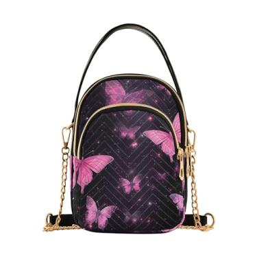 Imagem de Colorful Birds Bolsa tiracolo feminina, bolsa tiracolo com alça, bolsa transversal de verão, Borboletas rosa na cor preta-4, One Size