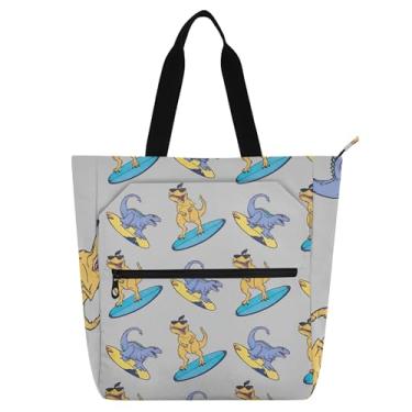 Imagem de GAIGEO Cartoonish Rex Surfboard Funny Work Tote Bag de lona com zíper bolsa de praia bolsa de tecido com compartimentos