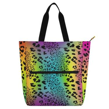 Imagem de GAIGEO Bolsa de trabalho feminina pastel de leopardo colorida arco-íris de lona com zíper para professores e compartimentos