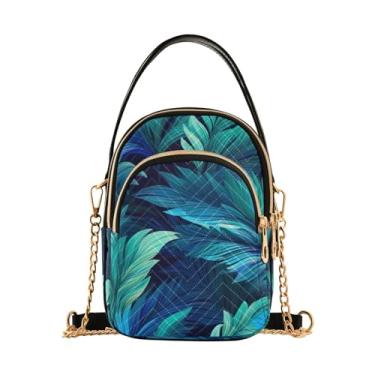 Imagem de GAIGEO Bolsa tiracolo xadrez vermelha e preta e flocos de neve com alça removível, bolsa transversal feminina, Folha tropical azul e verde - 7, One Size