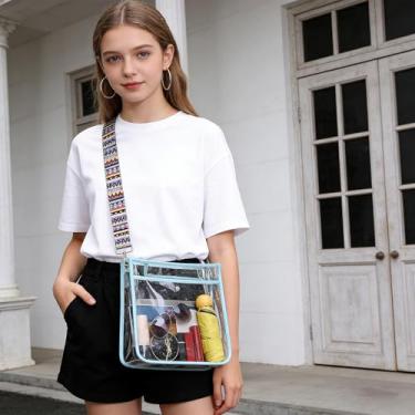 Imagem de Bolsa grande transparente para eventos de estádio com 2 alças longas bolsa feminina 3 bolsos bolsa transversal aprovada estádio de concertos azul claro