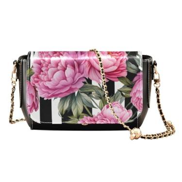 Imagem de Peônias rosa em listras pretas bolsas de couro transversais para mulheres, bolsa transversal de couro, bolsa tiracolo feminina de couro, Peônias rosa em listras pretas - 1, One Size