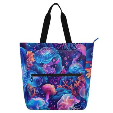 Imagem de GAIGEO Sacola colorida de água-viva oceano roxo para crianças, mulheres, escola, professora, média, trabalho, viagem, bolsa de pano com zíper