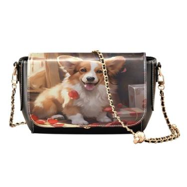 Imagem de Bolsas transversais de tomate vermelho e verde para mulheres, média, bolsa de couro com zíper, bolsas transversais femininas de couro, Corgis Cute Puppy Dog-1, One Size