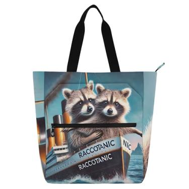 Imagem de GAIGEO Linda bolsa de trabalho com estampa de guaxinim Titanic para mulheres, bolsa de lona, praia, livros, zíper, utilitária, presente infantil para amantes de livros