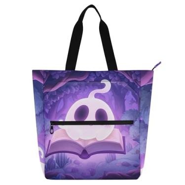 Imagem de GAIGEO Lindo livro fantasma roxo floresta sacola feminina bolsa de trabalho lona bolsa escolar com zíper utilitário bolsa infantil com compartimentos