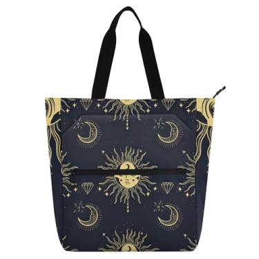 Imagem de Bolsa feminina mística amarela sol lua preta para trabalho bolsa escolar bolsa de livros para professores presente para amantes de livros