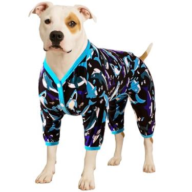 Imagem de LovinPet Roupas para Cães Pitbull-Alívio da Ansiedade de Animais de Estimação, Pijamas para Cães Anti-Queda, Tecido Elástico Leve, Estampa Branca de Baleia Hello There, Pijamas para Cães Grandes, Roup