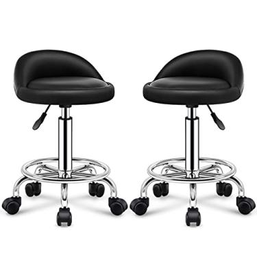 Imagem de Banco de bar ajustável, cadeira de rodas ajustável em altura, cadeira giratória com encosto e rodízios, durável para salão, spa, massagem, tatuagem, esteticista, conjunto de 2 cadeiras de bar, preto