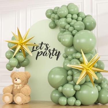 Imagem de 83 balões verdes sálvia com 2 balões de estrela de folha dourada, 45,7 cm, 18, 10, 12,5 cm, kit de arco de guirlanda de látex verde BOHO para casamento, chá de bebê, aniversário na selva, decoração de