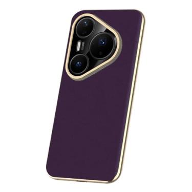 Imagem de LTLMYDAM Capa fina para Huawei Pura 80 Ultra/80 Pro/80 Pro+/80, capa de couro genuíno com lente de envoltório completo, capa de telefone de luxo galvanizada, roxa, 80