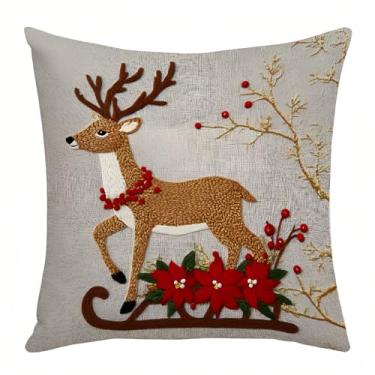 Imagem de Capa de almofada vermelha única de Natal 45,7 x 45,7 cm, fronha de pelúcia festiva com árvore de boneco de neve Papai Noel, decoração de férias para sofá de sofá (estilo três)