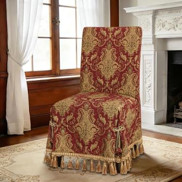 Imagem de Loom and Mill 1 capa de cadeira de jantar luxuosa, capa clássica de damasco jacquard para sala de jantar Parsons com borlas e gravatas, protetor de móveis antiderrapante para festa de Natal (vermelha)