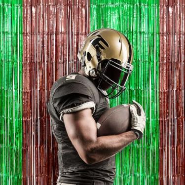 Imagem de LOLStar Pacote com 5 adereços para cabine fotográfica super bola, decorações de festa de futebol, 1 x 2 m, cortinas de franja marrom verde-escuro para fotos de fundo para festas de domingo, decorações