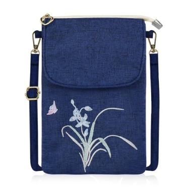 Imagem de AdiStylinno Bolsa feminina pequena a tiracolo com estampa de bordado floral, bolsa para celular de algodão, mini bolsa com zíper, alça ajustável, Orquídea (azul escuro), 7.67*5.12*0.6 in, Moderno