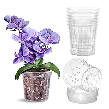 Imagem de TRUEDAYS Pote de orquídea com pires – Pacote com 6 vasos de orquídeas transparentes de 12 cm com orifícios de drenagem para replantação – Ideal para crescimento saudável da raiz – Vaso de plástico
