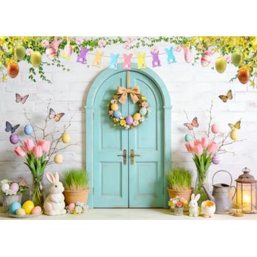 Imagem de DULUDA Pano de fundo de Páscoa de 3,5 x 2,5 m, decoração de festa infantil, decoração de Páscoa, azul, portas de madeira, parede de tijolo, coelho, coelho, primavera, fotografia, estúdio, adereços