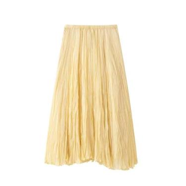 Imagem de Saia Midi Plissada Amarelo Claro Para Mulheres Elegante Arejada Suave 