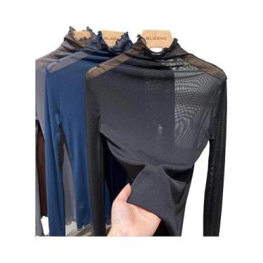 Imagem de Blusa Feminina De Manga Longa Preta Em Tule Transparente Sexy Estilo P