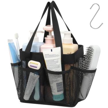 Imagem de F-color Suporte de chuveiro de malha portátil – 8 bolsos essenciais para dormitório para meninos e meninas com gancho S, bolsa de chuveiro, bolsa de banho, acampamento universitário, banheiro, preto