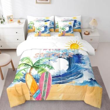 Imagem de Erosebridal Jogo de cama King com prancha de surfe, surfe, surfista, surfista, 7 peças, para crianças, meninas, meninos, com lençol de cima e ondas do oceano azul