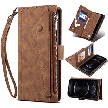 Imagem de EKESA para Apple iPhone 14 Plus (2022) 6,7 polegadas capa fólio carteira com zíper, função stend capa de telefone de couro falso [porta-cartão] (cor: marrom)