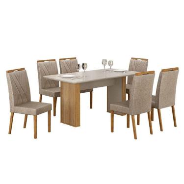 Imagem de Mesa de Jantar Júlia 160x80cm Cinamomo Off White com 6 Cadeiras Lara Linho Bege - Valdemóveis
