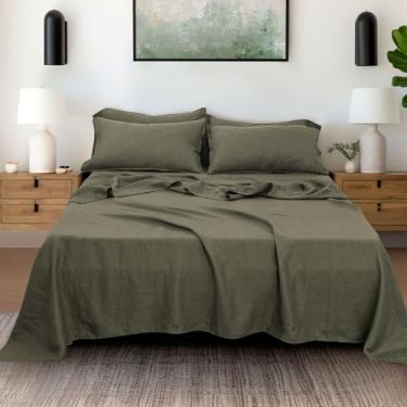 Imagem de S VICTORY SYMBOL Jogo de lençol King 100% linho orgânico, certificado GOTS, 4 peças (2 fronhas, 1 lençol com elástico, 1 lençol de cima), respirável, macio, oliva queimada