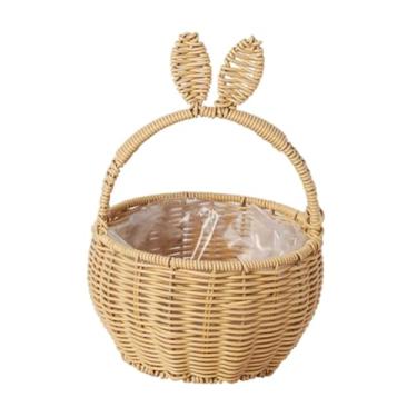Imagem de IEUDNS Cesta trançada com orelhas de, cesta de decorativa em rattan sintético, perfeita para guardar doces, ovos de Páscoa, brinquedos e, Bege