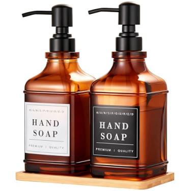 Imagem de Dispensador de sabão para louça e mãos para pia de cozinha, dispensador de sabão de vidro âmbar com bomba, bandeja, funil, conjunto de 2 dispensadores de sabão e loção de bancada para banheiro