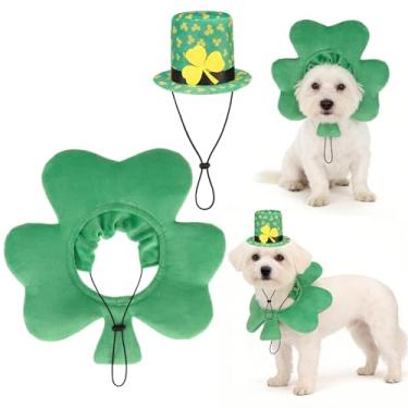 Imagem de KOOLTAIL Conjunto de 2 peças de fantasia de cachorro do Dia de São Patrício, roupas para animais de estimação com chapéu de duende irlandês, faixa de cabeça de trevo e cone de coleira para cães