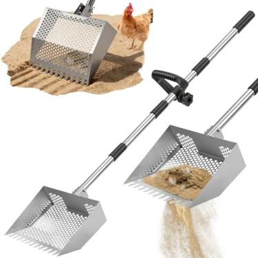 Imagem de viwomik Pá de galinha e ancinho 2 em 1, pá de aço inoxidável, colher de galinheiro com alça ajustável de 22 a 160 cm, pá de areia para galinheiro/barraca de cabra/limpeza estável