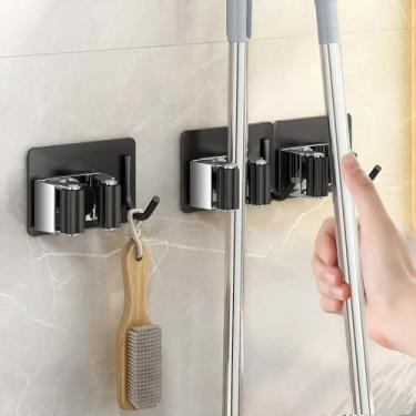 Imagem de Suporte para esfregão e vassoura de aço inoxidável resistente, sem adesivo, fácil instalação, organizador para escova de vaso sanitário, lavanderia, casa, garagem, armazenamento, 3 peças (preto)