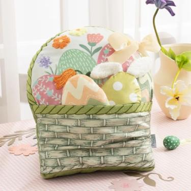 Imagem de Ashler Almofada em forma de cesta de ovos de Páscoa, almofada de ovo com almofada de ovos 3D, decoração de Páscoa de veludo macio com lindo bordado e laço para sofá, quarto, sala de estar, verde claro