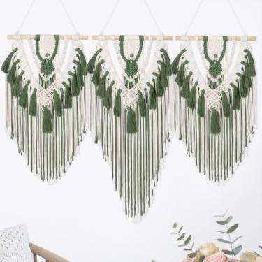 Imagem de Fiwochic Tapeçaria de parede grande Boho macramê para pendurar na parede, tecido boêmio, feita à mão, com borla, para decoração de quarto, sala de estar, apartamento, berçário, 109 x 89 cm (verde)