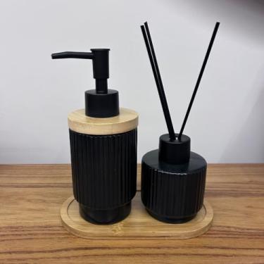 Imagem de Kit Banheiro Premium 3 Peças Saboneteira + Difusor + Bandeja em Porcelana Luxo Preto e Branco – Lavabo e Banheiro(Preto Linhas 2)